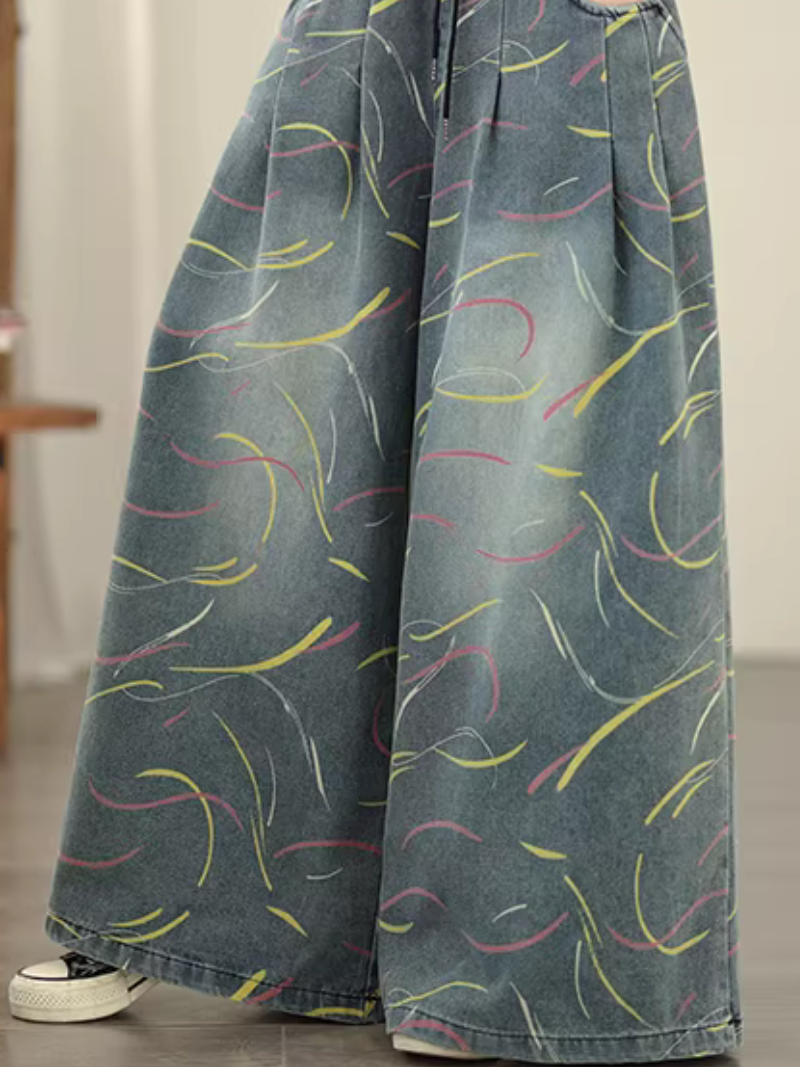 Artful Wide-Leg Denim Cotton Palazzo Pants with Elastic High Waist