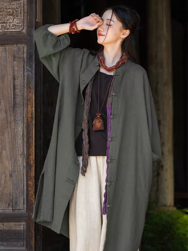 Chic Cotton Linen Mandarin-Collar Duster Coat with Frog Closures, Timeless Elegance