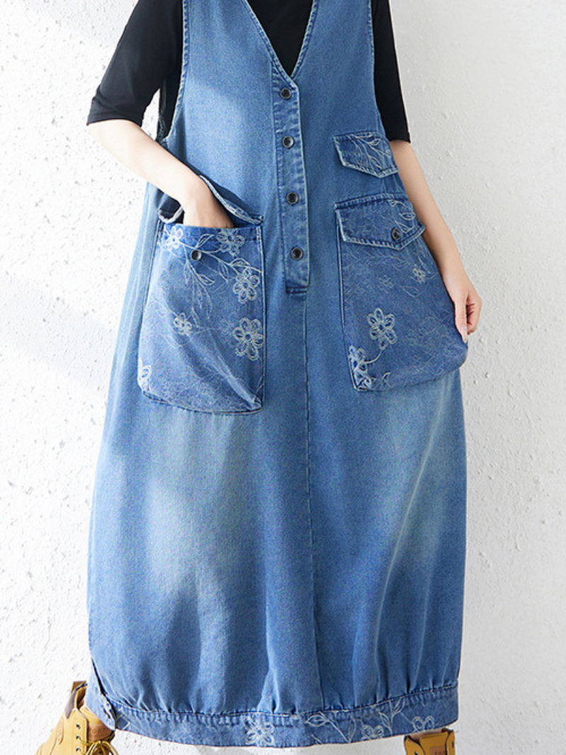 Utility Chic Denim Dress Pinafore with Oversized Floral Patch Pockets