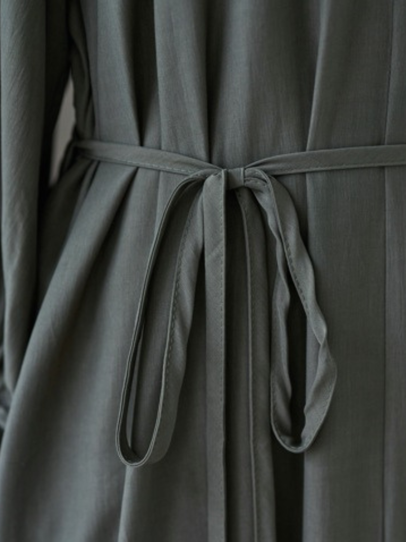 Gathered Neck Viscose Maxi Dress with Belt and Bishop Sleeves