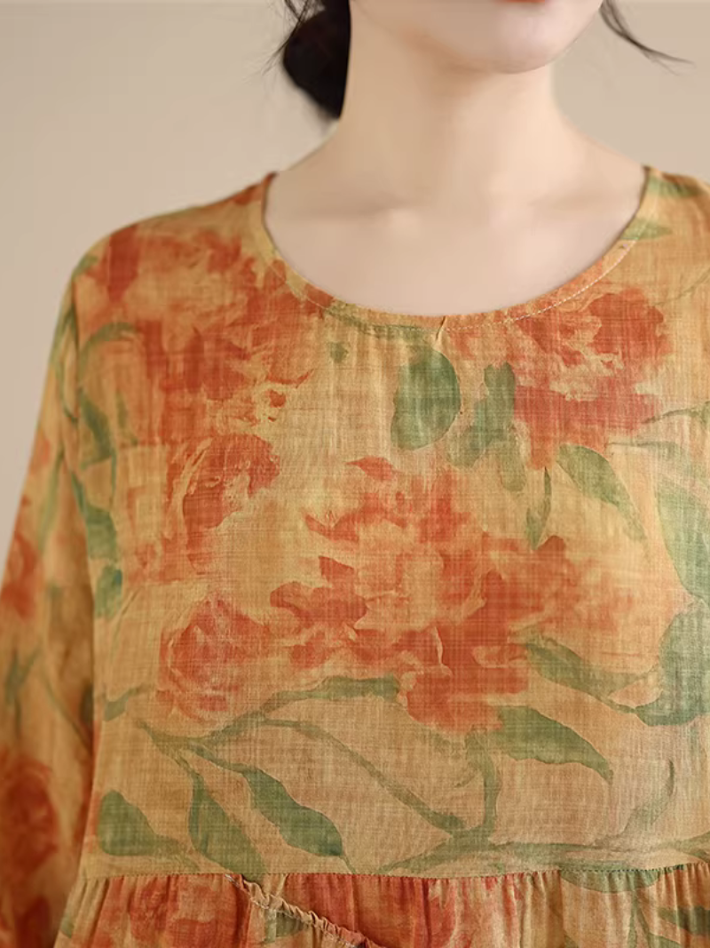 Artful Floral Tiered Maxi Dress in Airy Cotton&Flax for Everyday Elegance