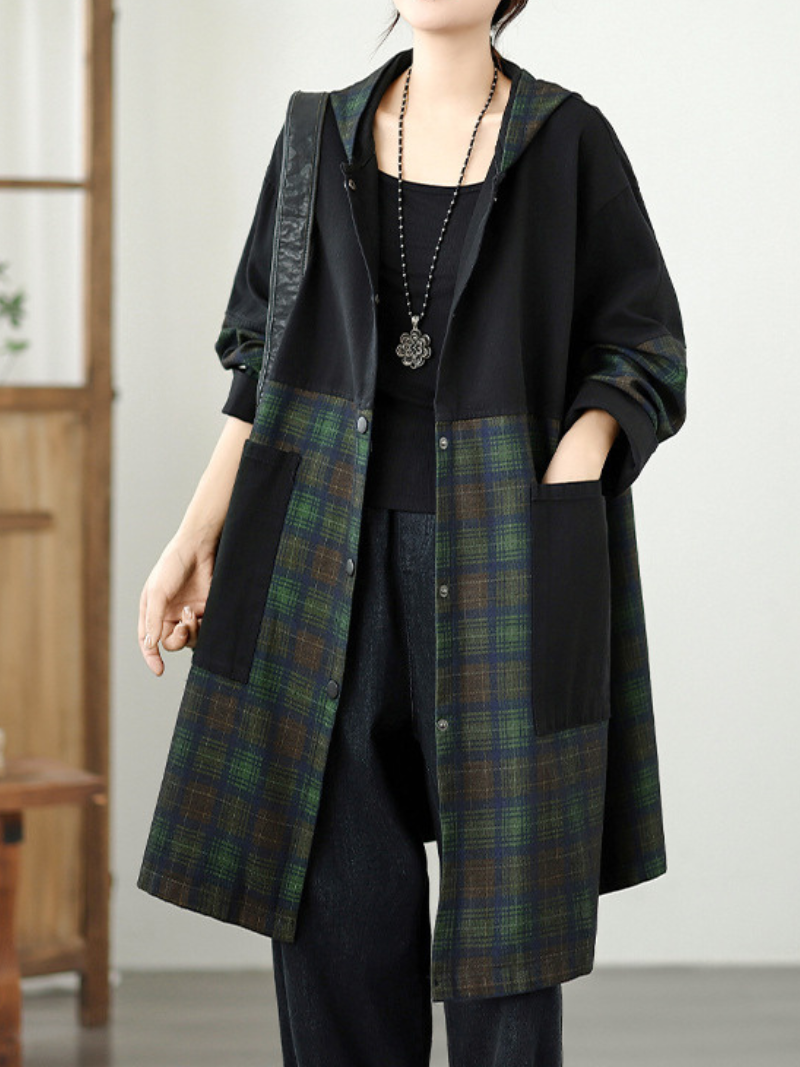 Longline Denim Cotton Plaid Shacket Coat with Hood and Pockets