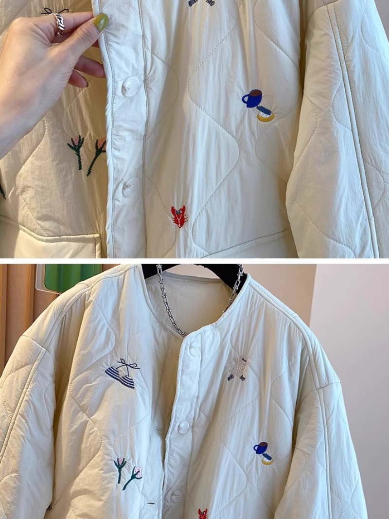 Embroidered Quilted Jacket with Patch Pockets & Oversized Silhouette