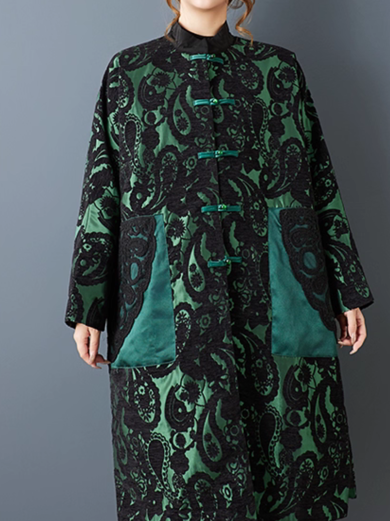 Artisanal Jacquard Flocking Overcoat with Mandarin Collar and Frog Closures