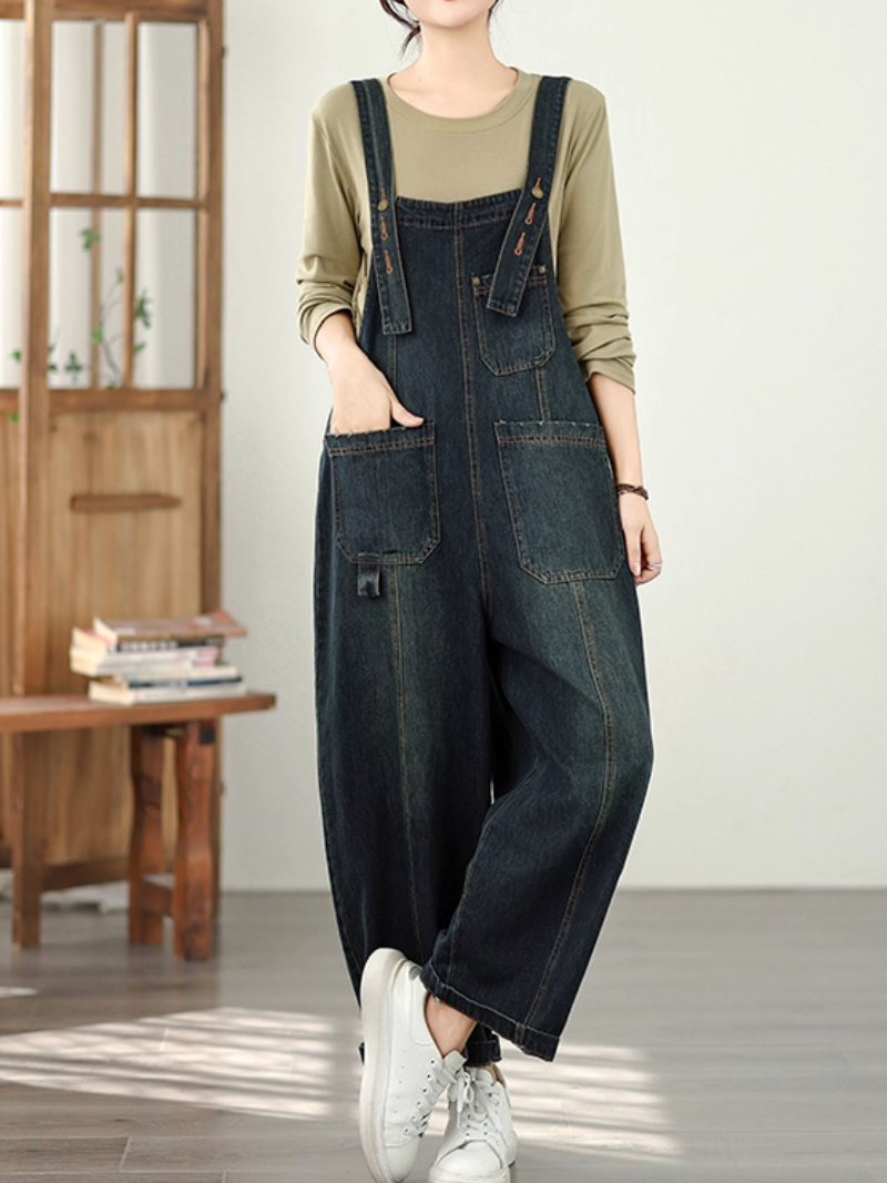Comfortable Wide-Leg Denim Overalls with Adjustable Straps and Pockets