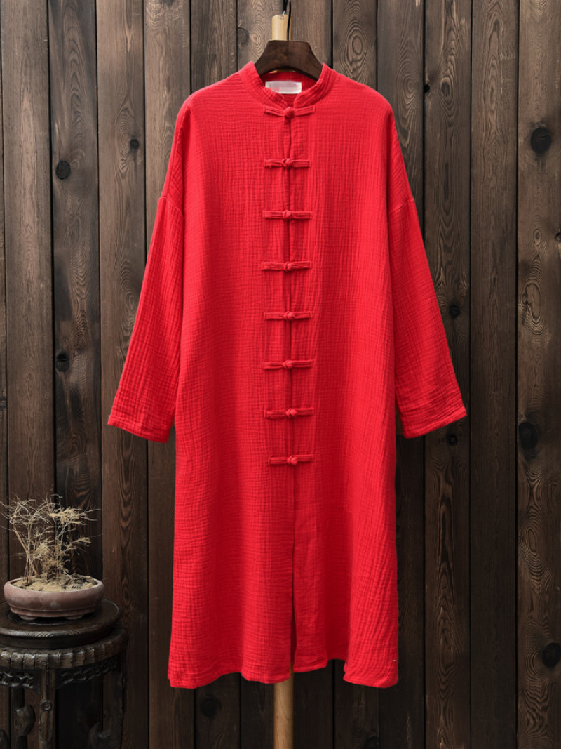 Elegant Cotton-Linen Mandarin Collar Midi Tunic Dress with Frog Buttons