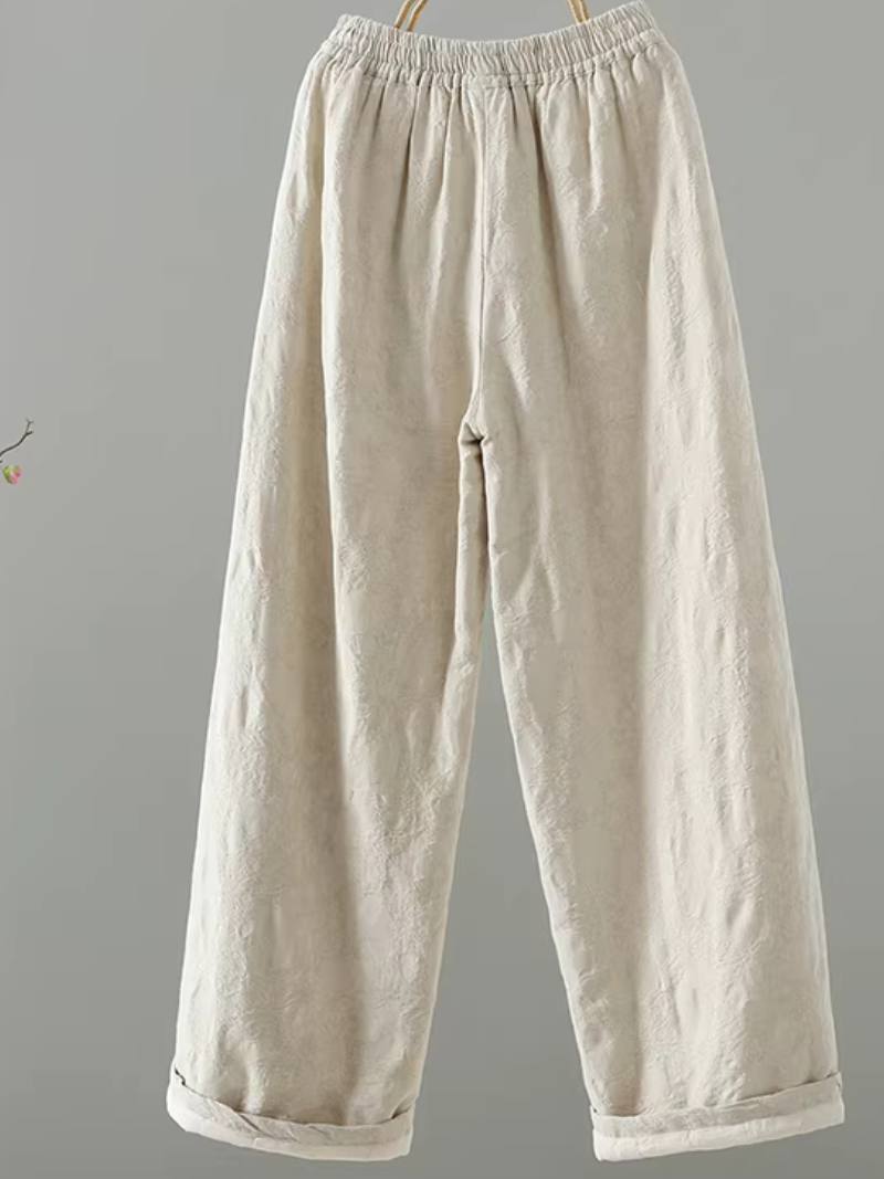 Textured Jacquard Cotton Relaxed Wide-Leg Women's Pants with Drawstring Waist