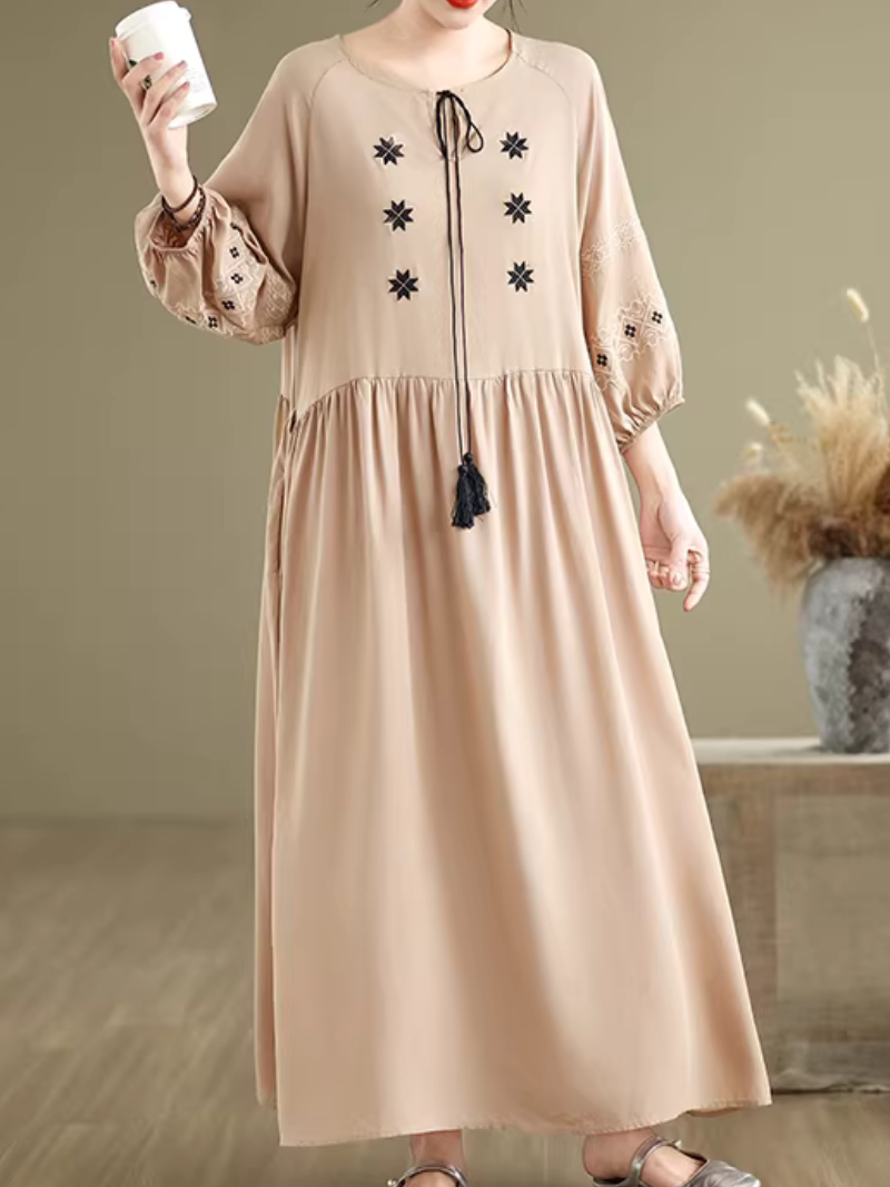 Embroidered Cotton-Linen Boho Maxi Dress with Tassel Tie Neck Detail