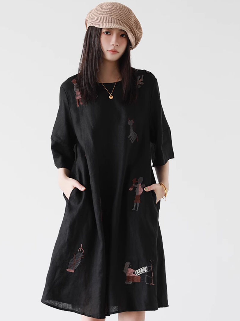 Embroidered Flax A-Line Linen Dress | Breezy Short Sleeves | Retrolily RetroLily Embroidered Flax A-Line Linen Dress | Breezy Short Sleeves | Retrolily RetroLily