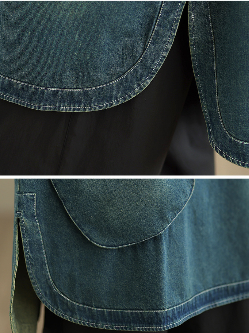 Oversized Denim Cotton Top with Curved Hem and Statement Pocket