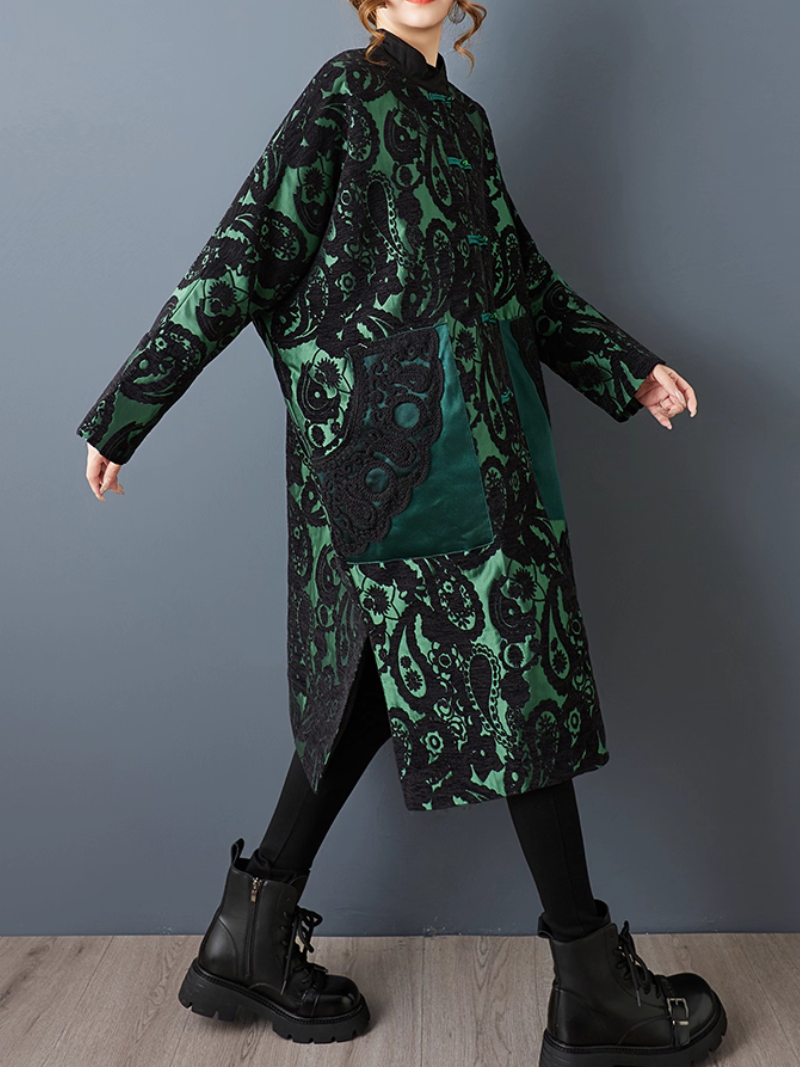 Artisanal Jacquard Flocking Overcoat with Mandarin Collar and Frog Closures