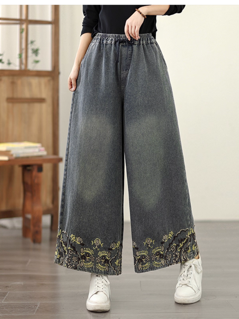 Women's Spring and Autumn Embroidered Printed Pocket Bottom