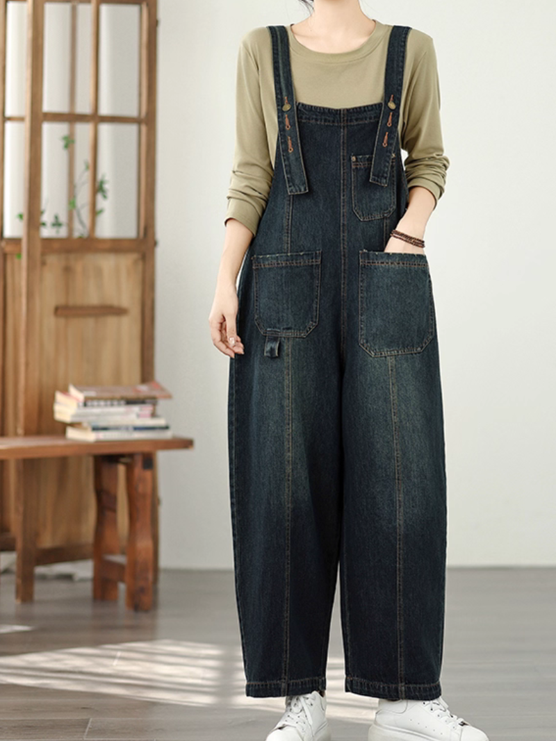 Comfortable Wide-Leg Denim Overalls with Adjustable Straps and Pockets