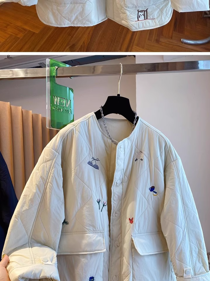 Embroidered Quilted Jacket with Patch Pockets & Oversized Silhouette