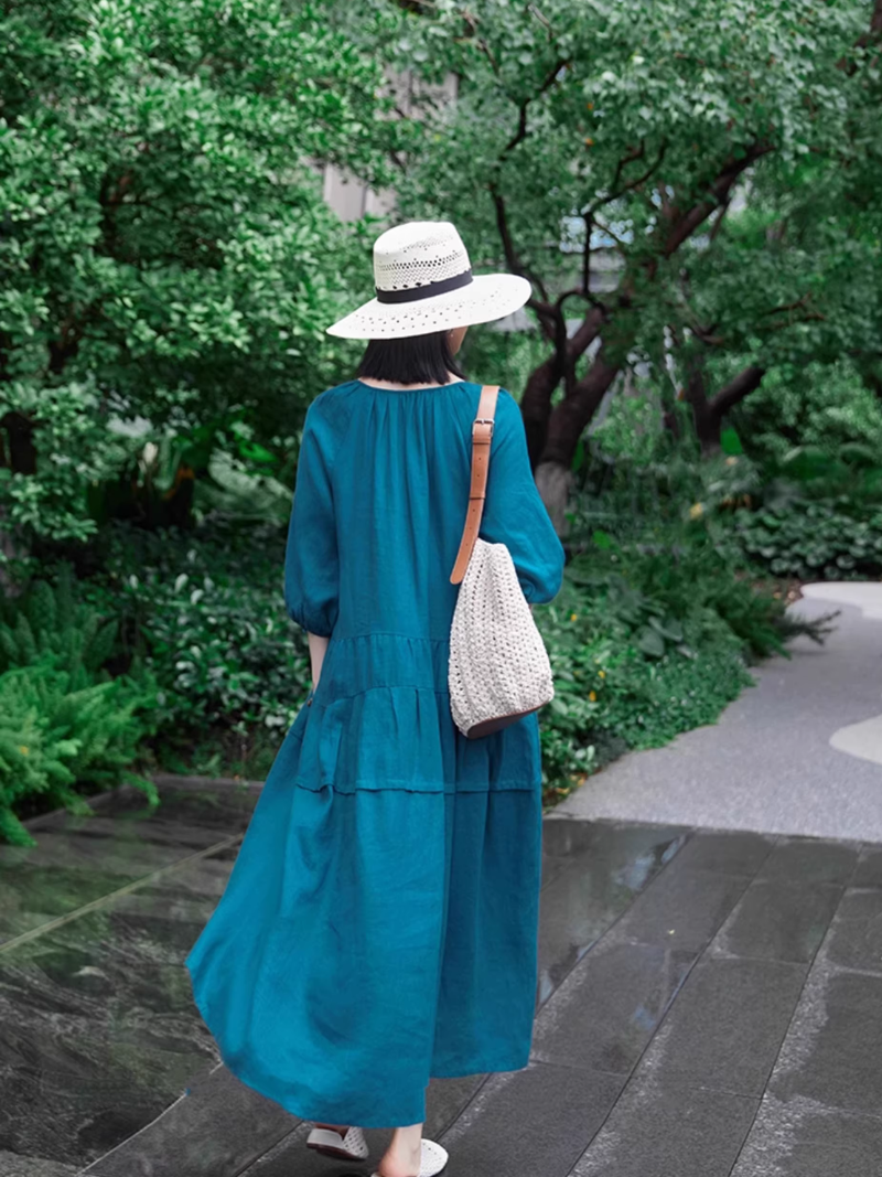Effortless Linen Dress: Tiered Cotton-Blend Midi with V-Neck and Pockets