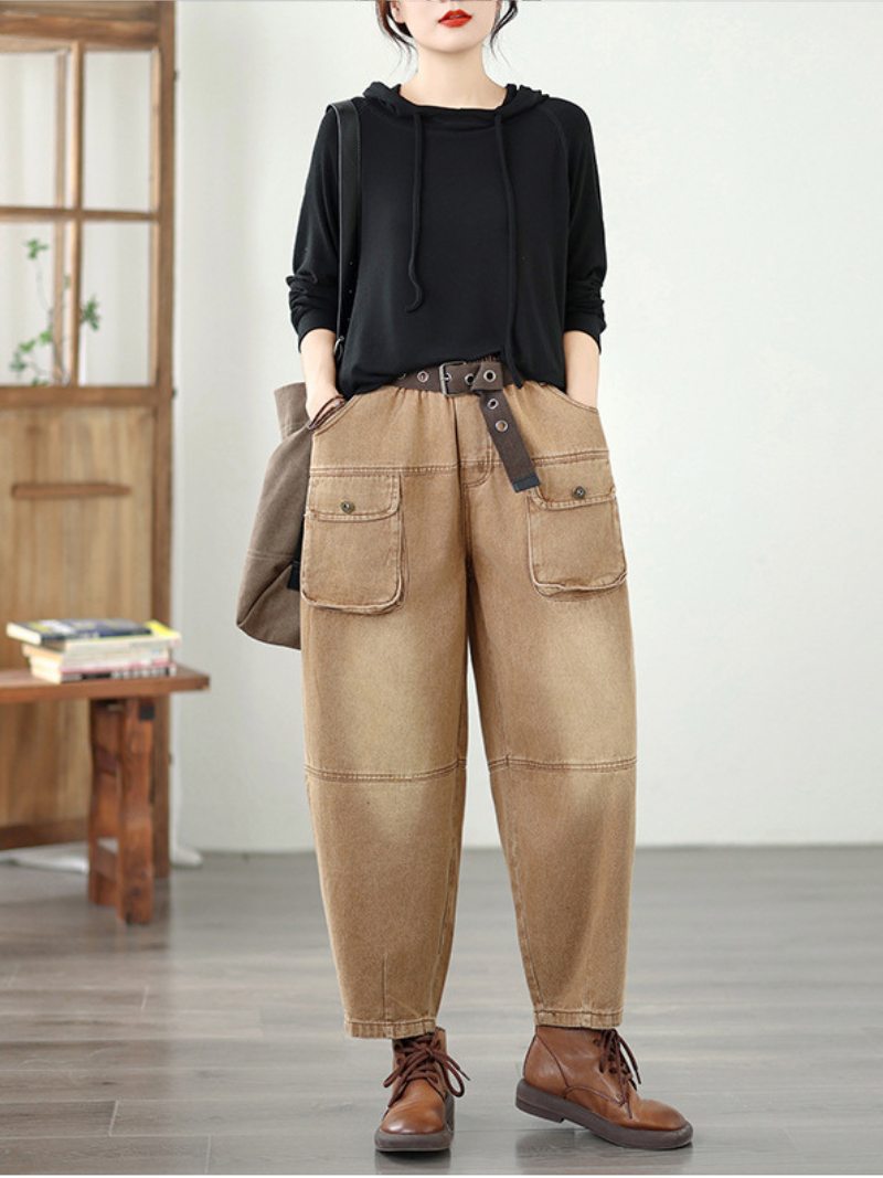 High-Waist Denim Cotton Cargo Pants with Belt, Relaxed Barrel Leg