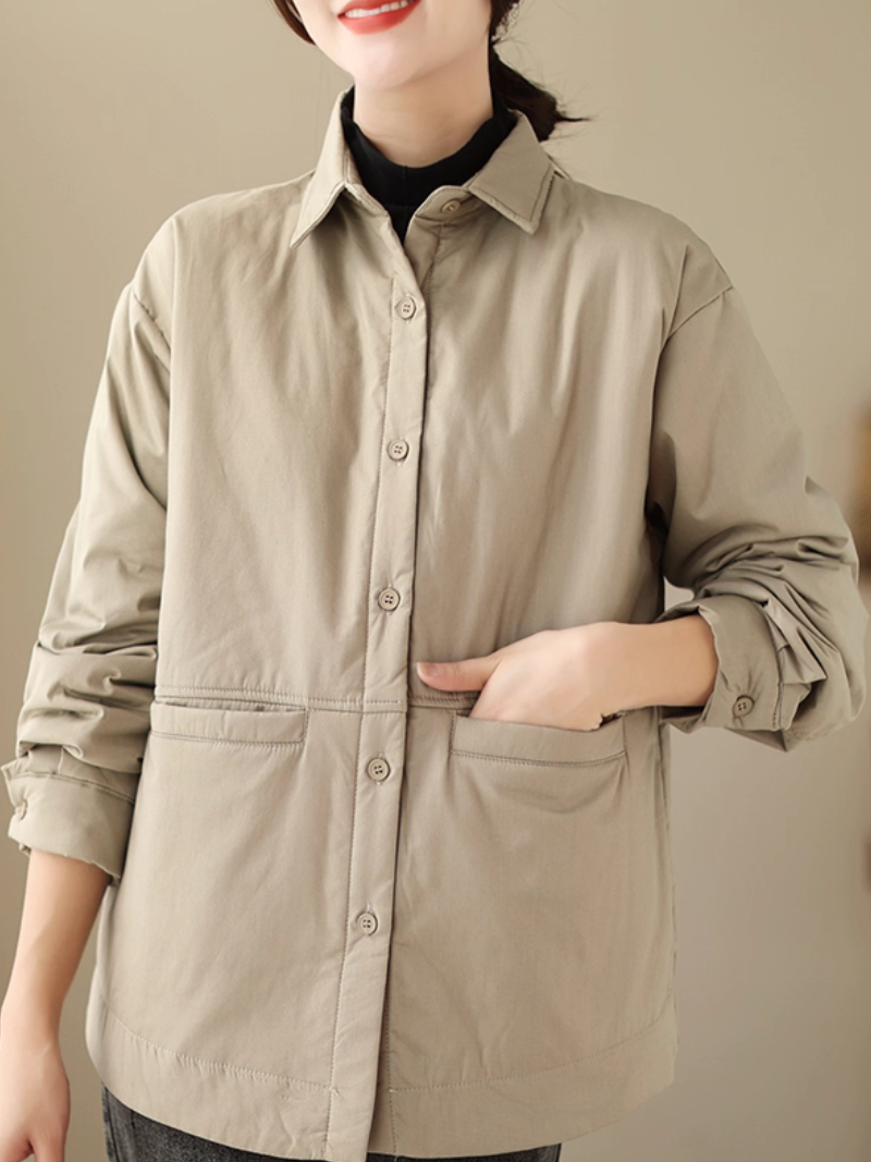 Minimalist cotton-nylon women's jacket, relaxed shacket with refined button front