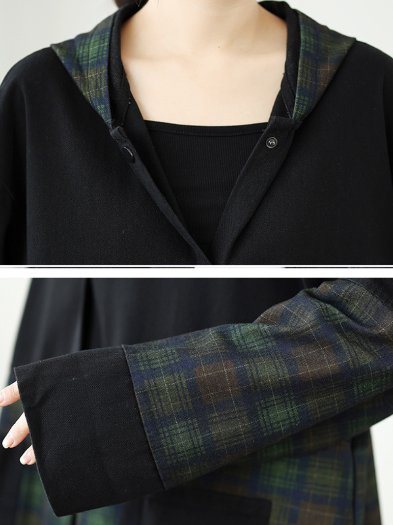 Longline Denim Cotton Plaid Shacket Coat with Hood and Pockets