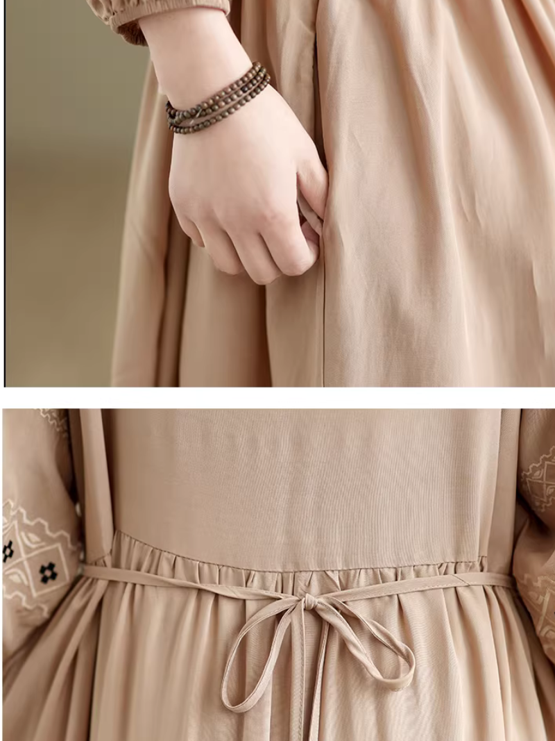 Embroidered Cotton-Linen Boho Maxi Dress with Tassel Tie Neck Detail