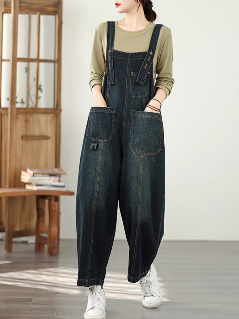 Comfortable Wide-Leg Denim Overalls with Adjustable Straps and Pockets