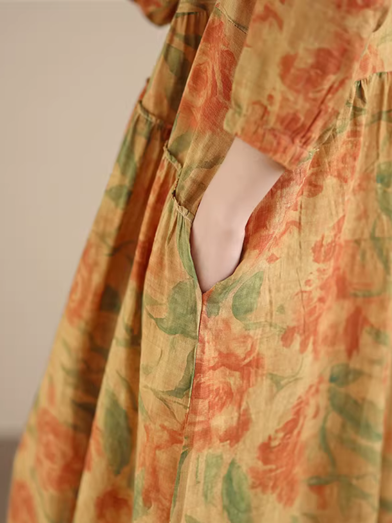 Artful Floral Tiered Maxi Dress in Airy Cotton&Flax for Everyday Elegance