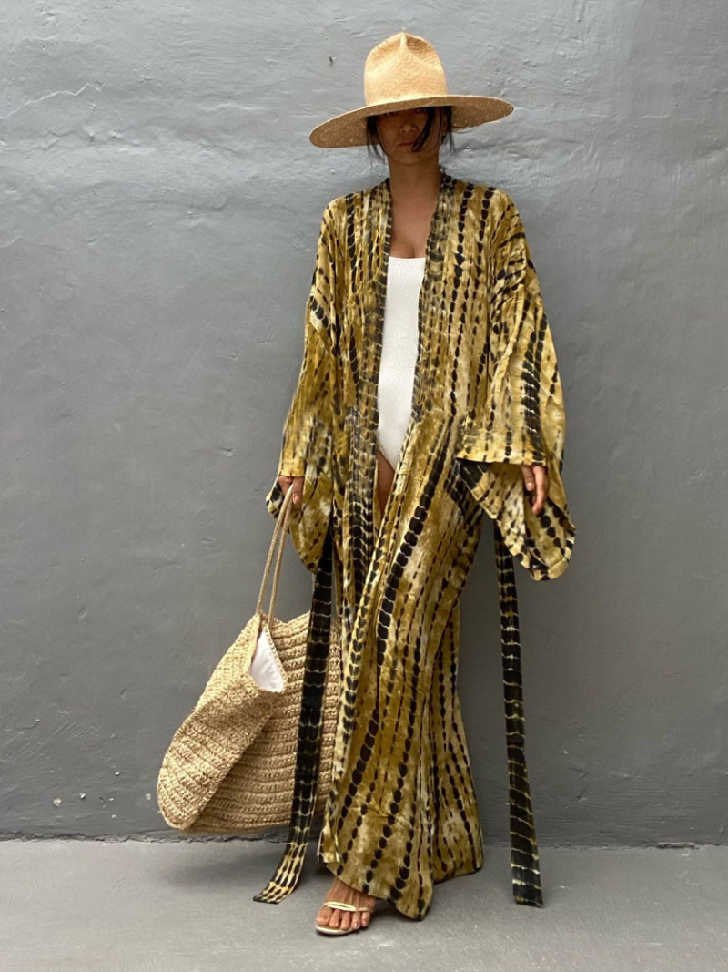 Women's Rayon Tie-Dye Beach Cover-Up Printed Belt Kimono Dress