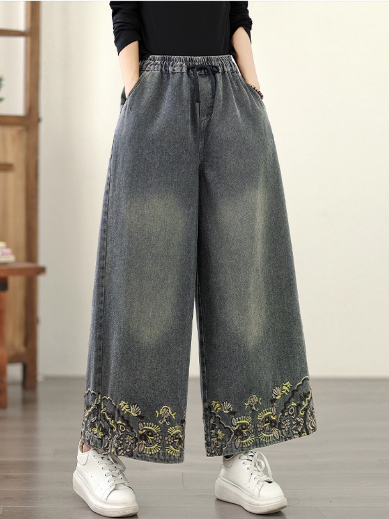 Women's Spring and Autumn Embroidered Printed Pocket Bottom