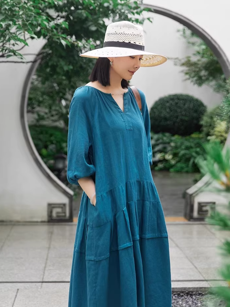 Effortless Linen Dress: Tiered Cotton-Blend Midi with V-Neck and Pockets