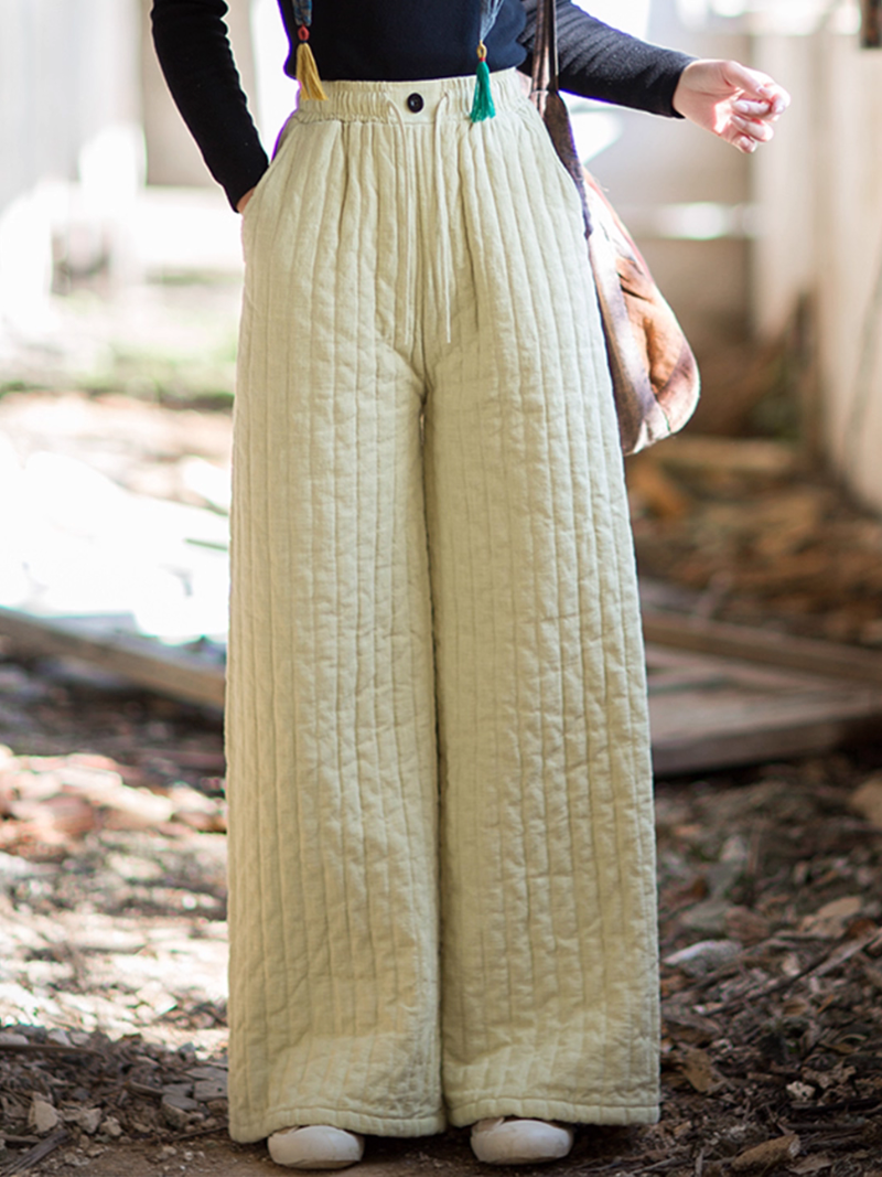 Women’s Quilted Wide-Leg High-Waist Cotton-Linen Pants, Effortlessly Chic Minimal Style Trousers