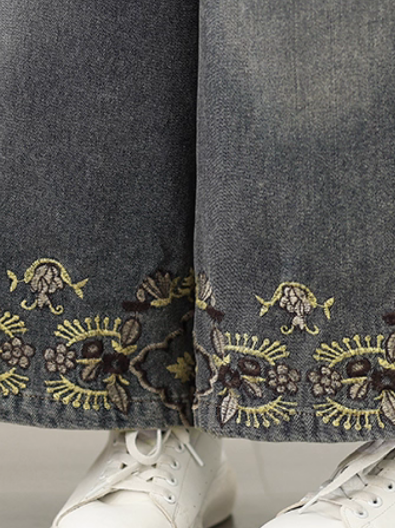 Women's Spring and Autumn Embroidered Printed Pocket Bottom