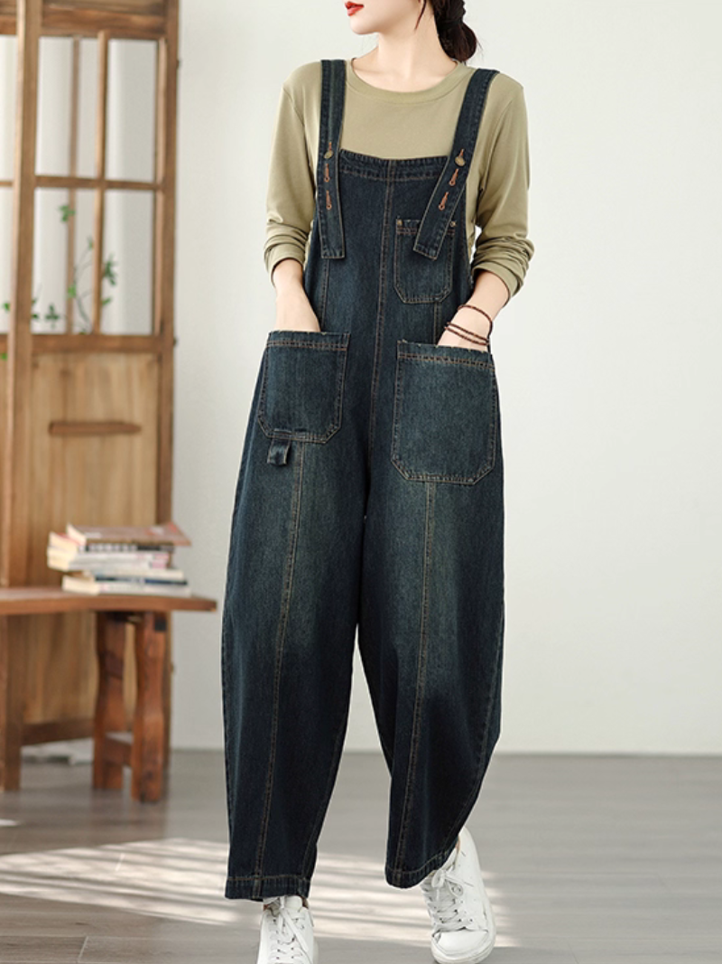 Comfortable Wide-Leg Denim Overalls with Adjustable Straps and Pockets