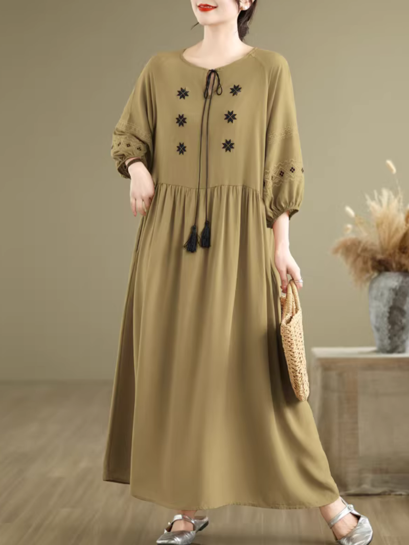 Embroidered Cotton-Linen Boho Maxi Dress with Tassel Tie Neck Detail