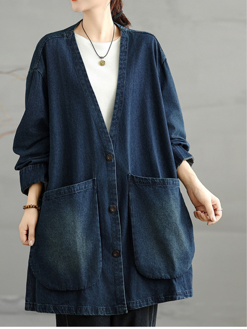 Women’s Oversized Denim Cotton Shacket with V-Neck and Statement Patch Pockets