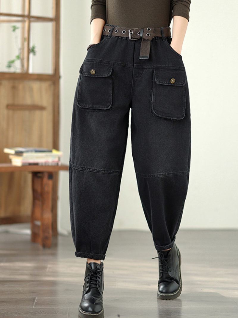 High-Waist Denim Cotton Cargo Pants with Belt, Relaxed Barrel Leg
