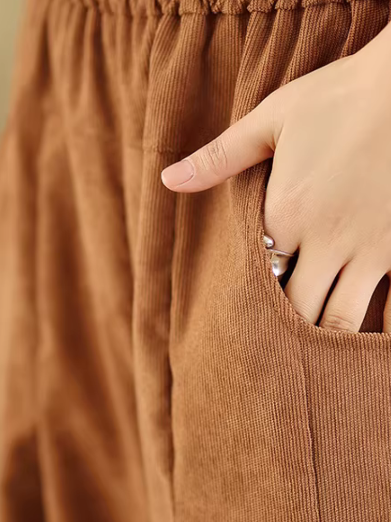 Chic Relaxed Corduroy Wide-Leg Pants with Pockets and Elastic Waist