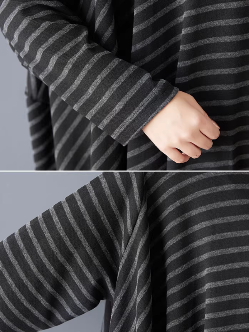 Chic Oversized Striped Cowl-Neck Tunic Dress in Cotton Knitted Fabric