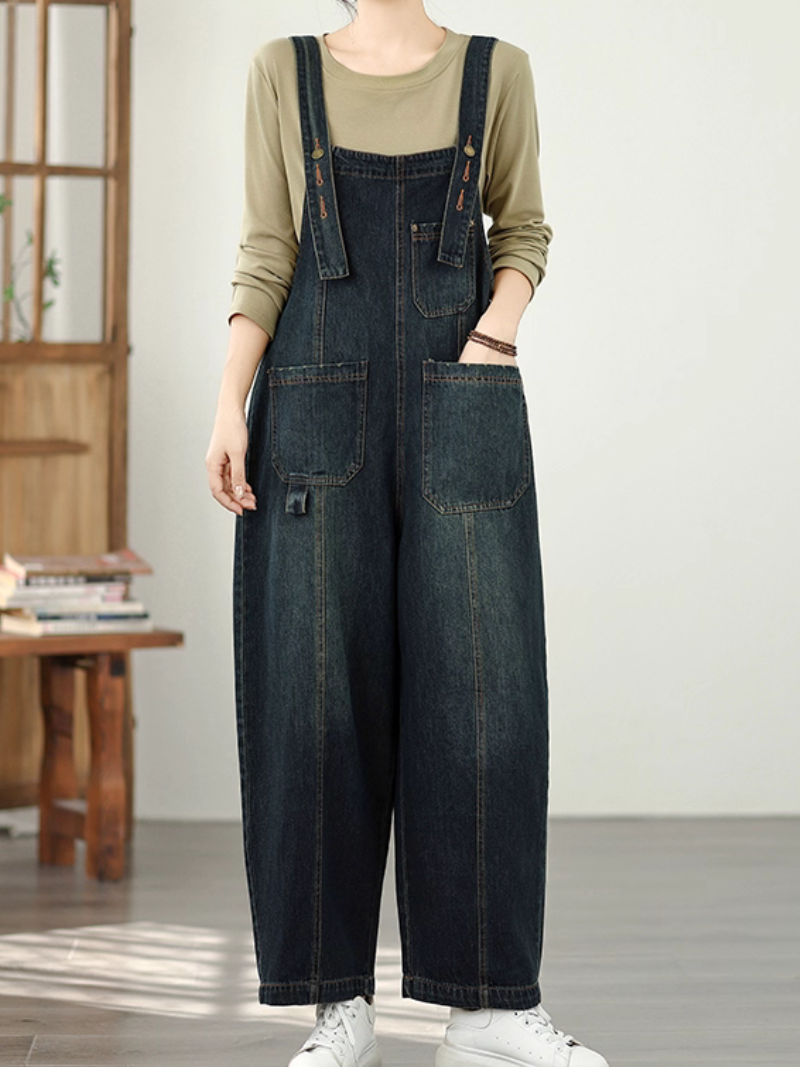 Comfortable Wide-Leg Denim Overalls with Adjustable Straps and Pockets
