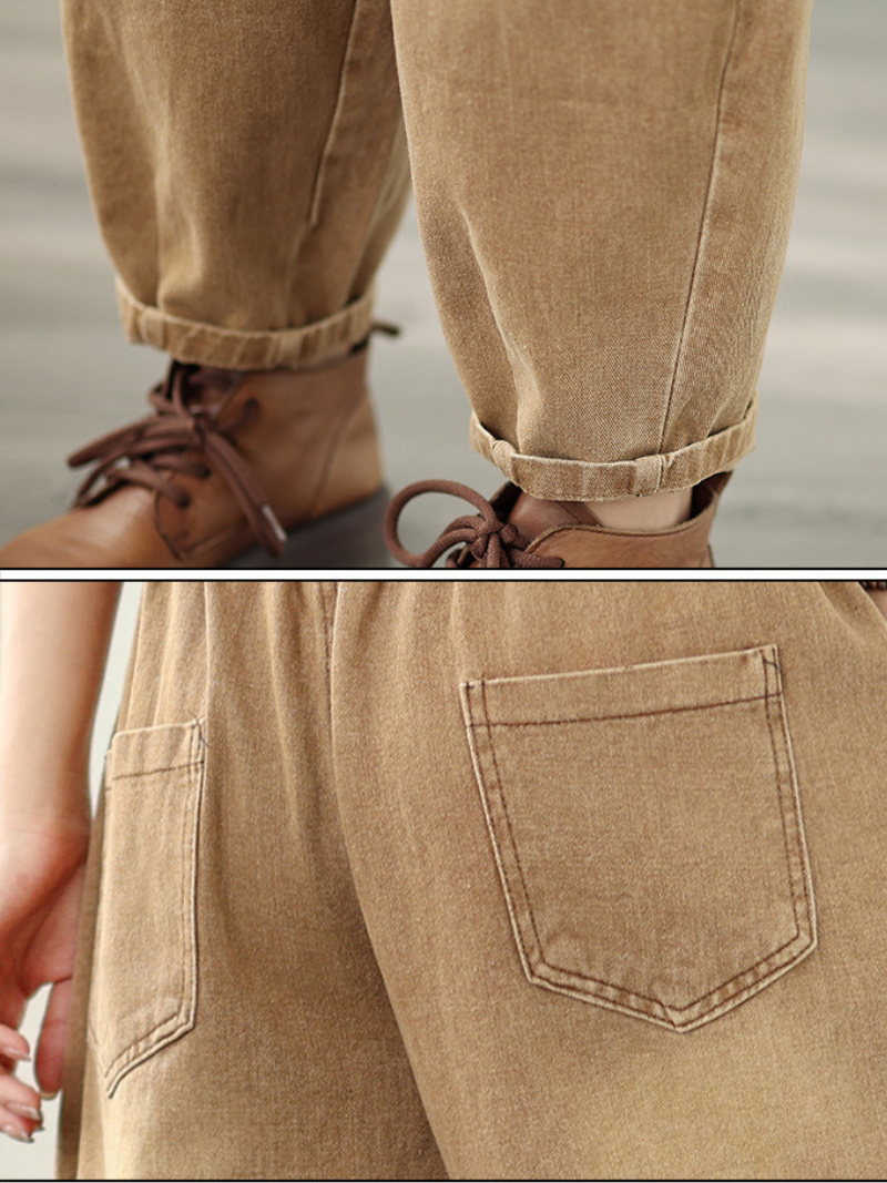 High-Waist Denim Cotton Cargo Pants with Belt, Relaxed Barrel Leg