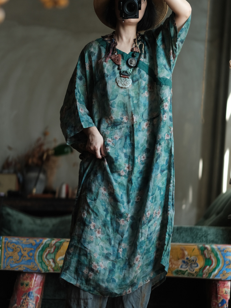 Floral-Printed Ramie Kaftan Dress with Flowing Kimono Sleeves