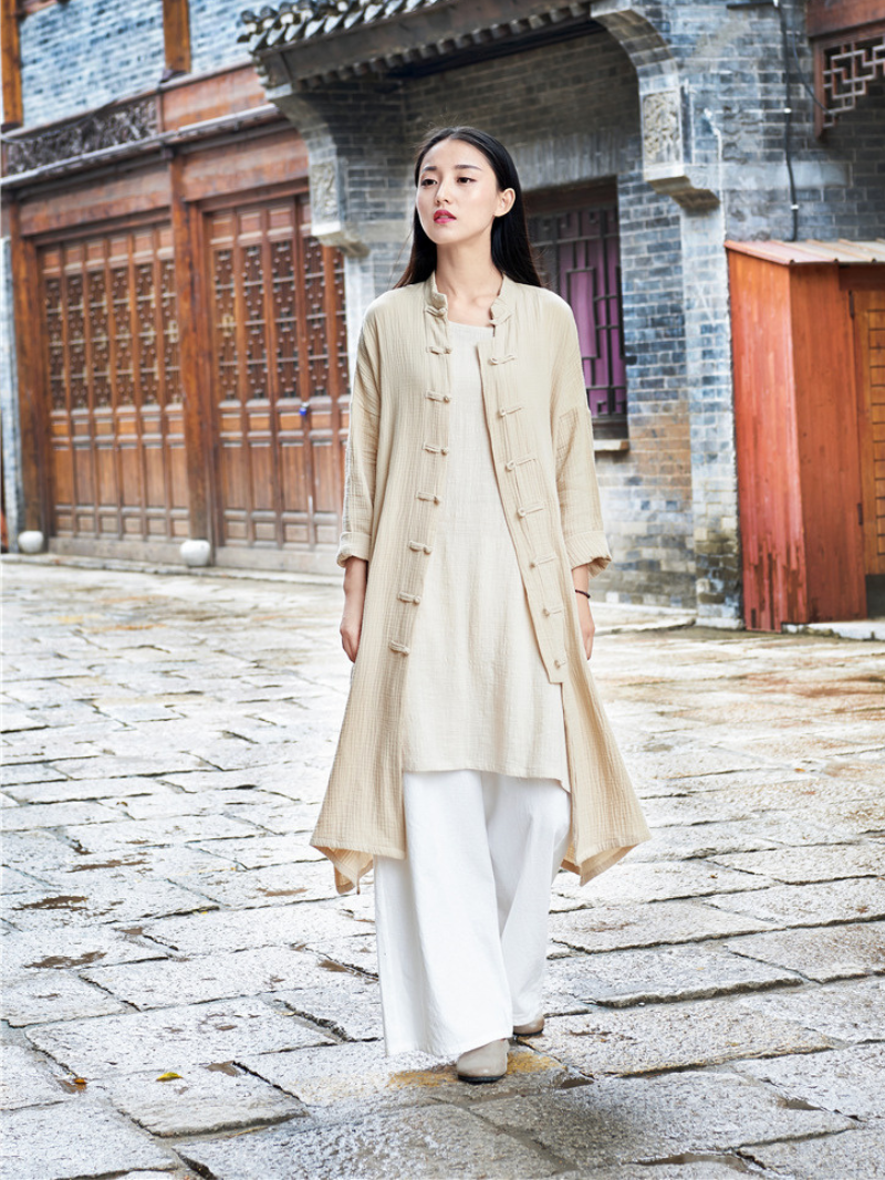 Elegant Cotton-Linen Mandarin Collar Midi Tunic Dress with Frog Buttons