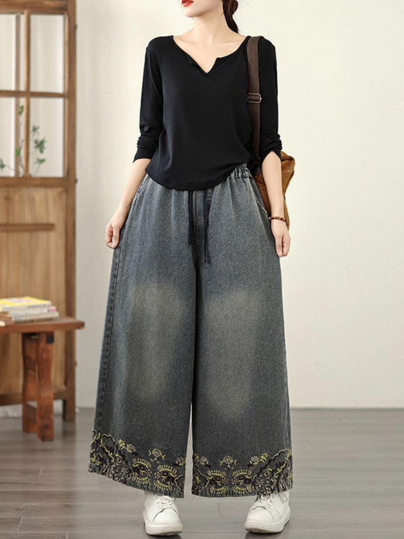 Women's Spring and Autumn Embroidered Printed Pocket Bottom