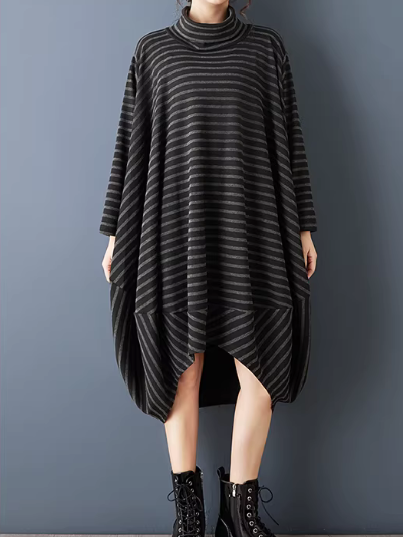 Chic Oversized Striped Cowl-Neck Tunic Dress in Cotton Knitted Fabric