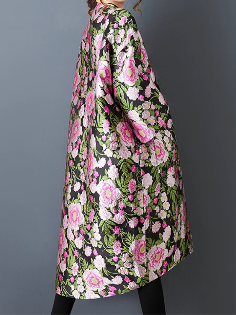 Vintage-Inspired Jacquard Floral Kimono – Oversized Duster Coat