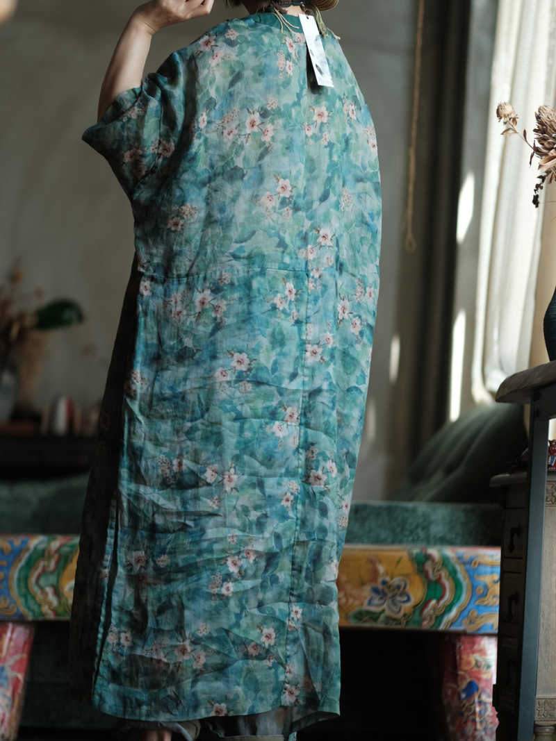 Floral-Printed Ramie Kaftan Dress with Flowing Kimono Sleeves