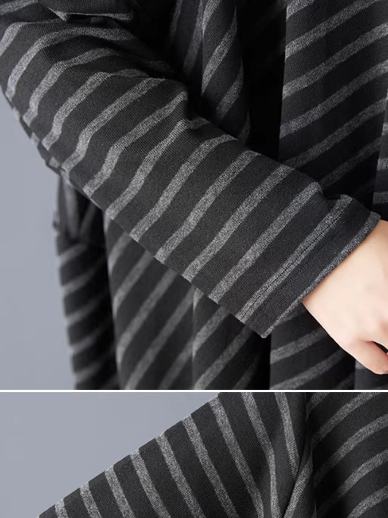 Chic Oversized Striped Cowl-Neck Tunic Dress in Cotton Knitted Fabric