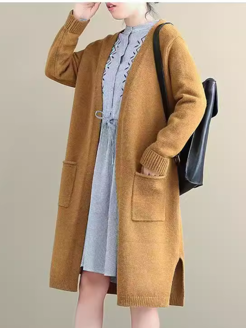 Longline Open-Front Knit Cardigan with Sailboat Back, Minimal Women’s Sweater