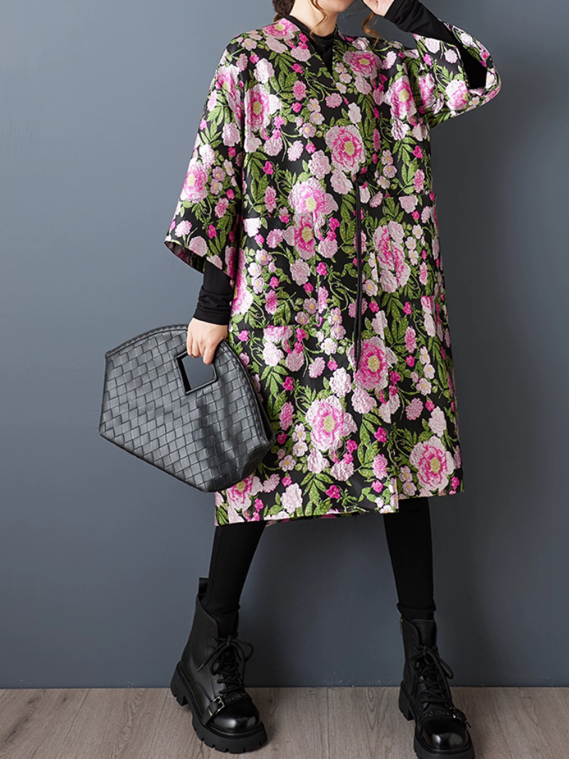 Vintage-Inspired Jacquard Floral Kimono – Oversized Duster Coat