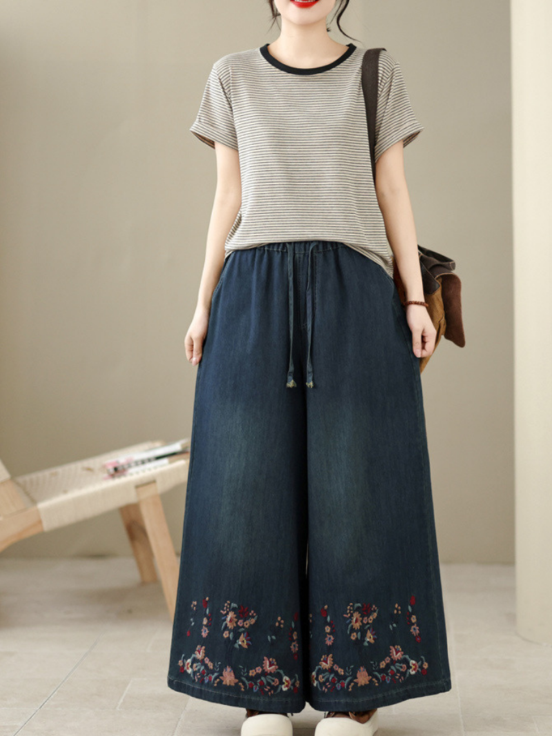 Embroidered Wide-Leg Denim Cotton Palazzo Pants with Elastic Drawstring Waist