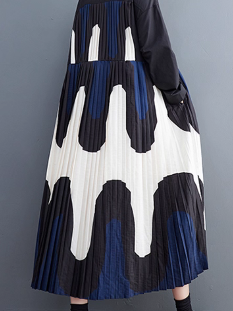Abstract Pleated Shirt Dress Maxi with Collar, Artful Movement and Poise
