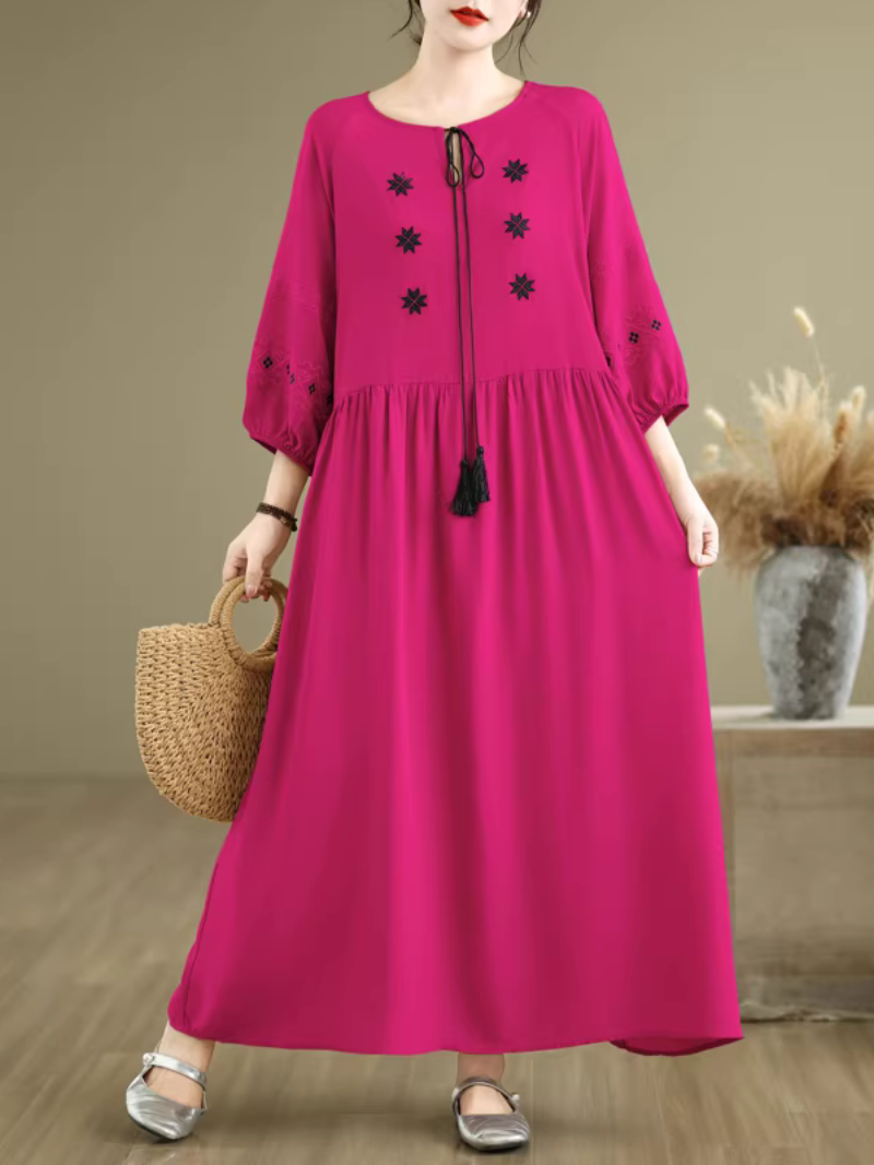 Embroidered Cotton-Linen Boho Maxi Dress with Tassel Tie Neck Detail
